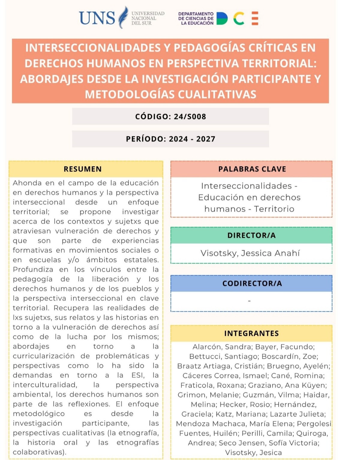 Ficha del proyecto Interseccionalidades y pedagogías críticas en derechos humanos